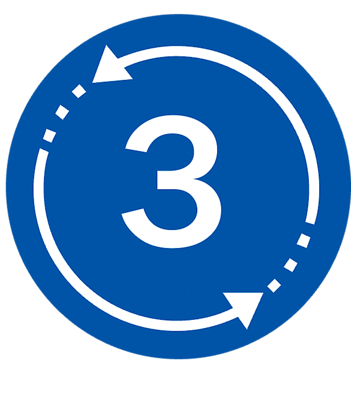 Blue circular icon with the number "3" and two white arrows in a loop, suggesting rotation or a cycle