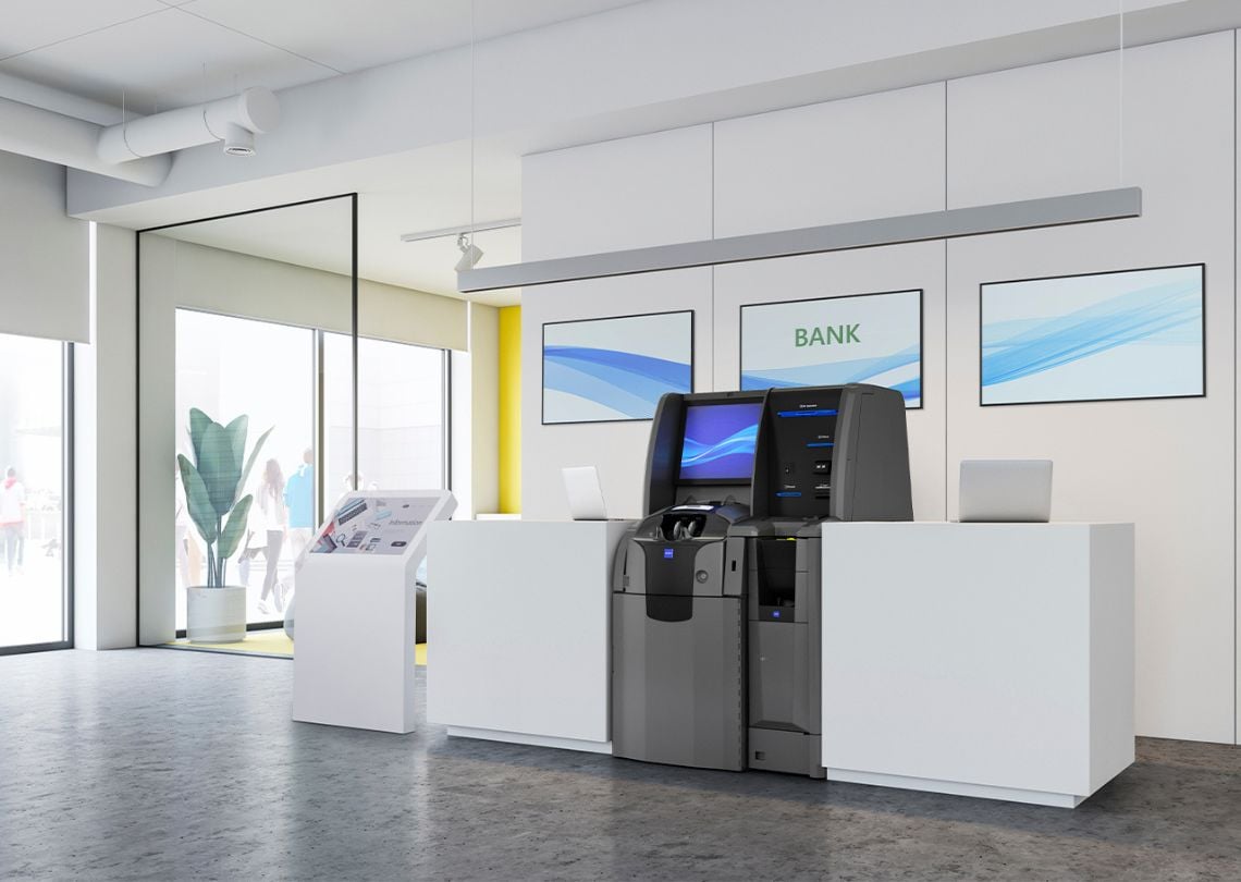Ambiente moderno de banco com caixa eletrônico, mobiliário funcional e design contemporâneo, ideal para transações financeiras.