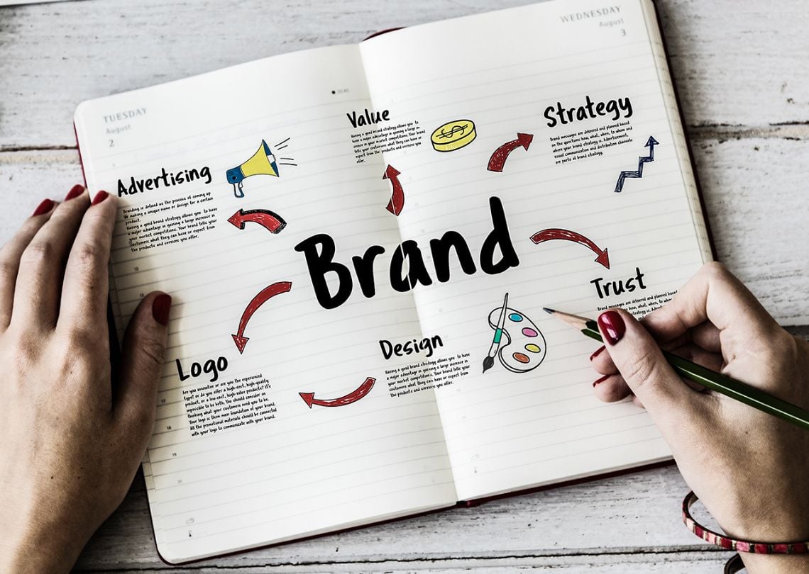 Imagem ilustrativa sobre a construção de uma marca, destacando elementos como advertising, logo, design e estratégia em uma página de caderno.