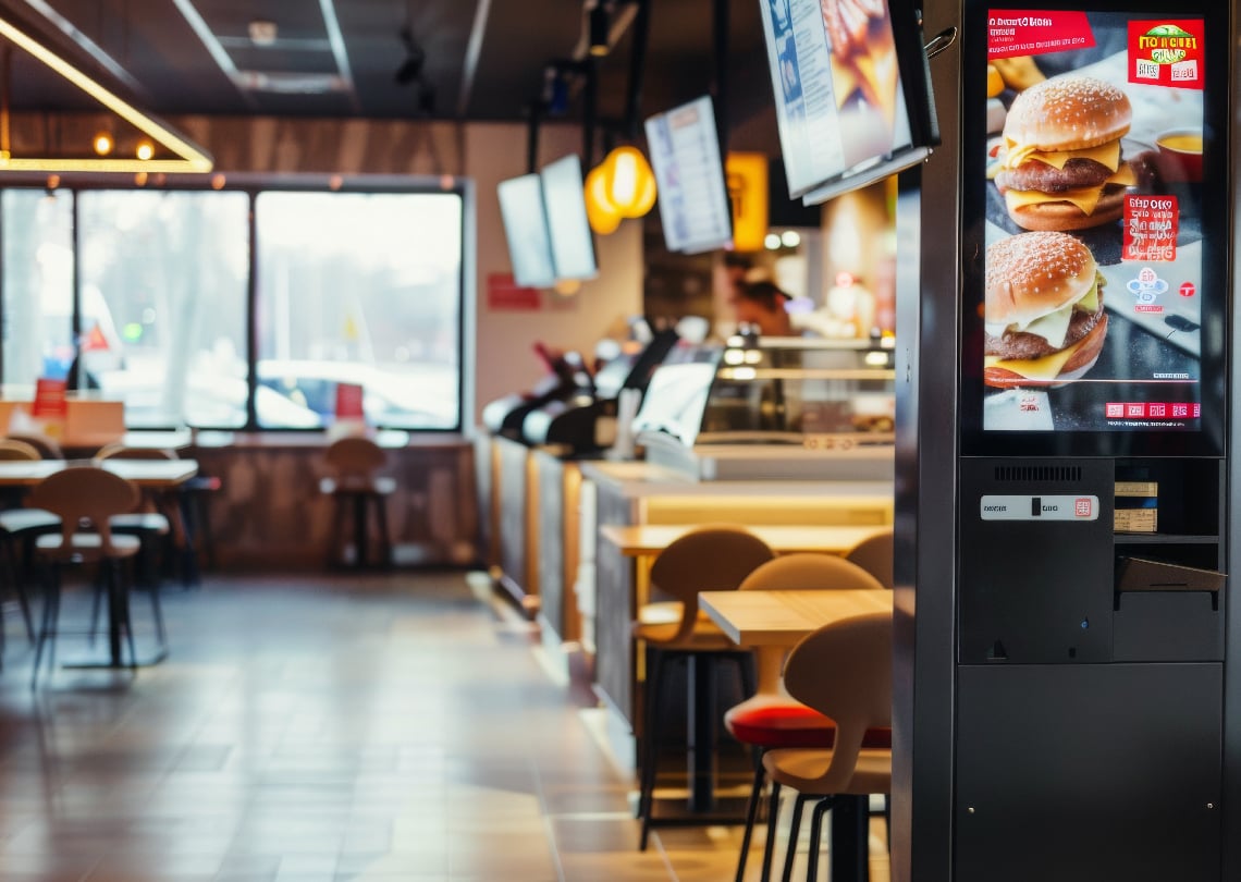 Ambiente de restaurante fast food moderno com quiosque de autoatendimento, mesas e cardápios digitais, ideal para refeições rápidas e práticas.