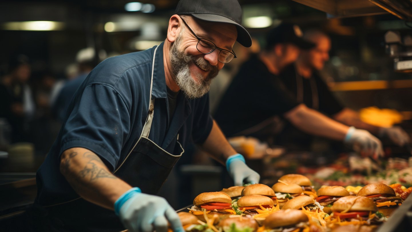 Homem sorridente preparando hambúrgueres em uma cozinha profissional, rodeado por outros chefs e pratos deliciosos. Ambiente animado e acolhedor.