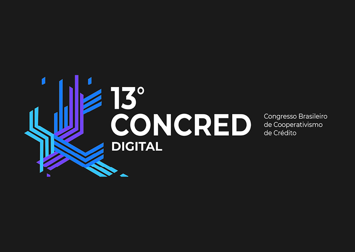 Imagem do 13º Concred Digital, evento que aborda o cooperativismo de crédito, com logotipo moderno em fundo escuro.