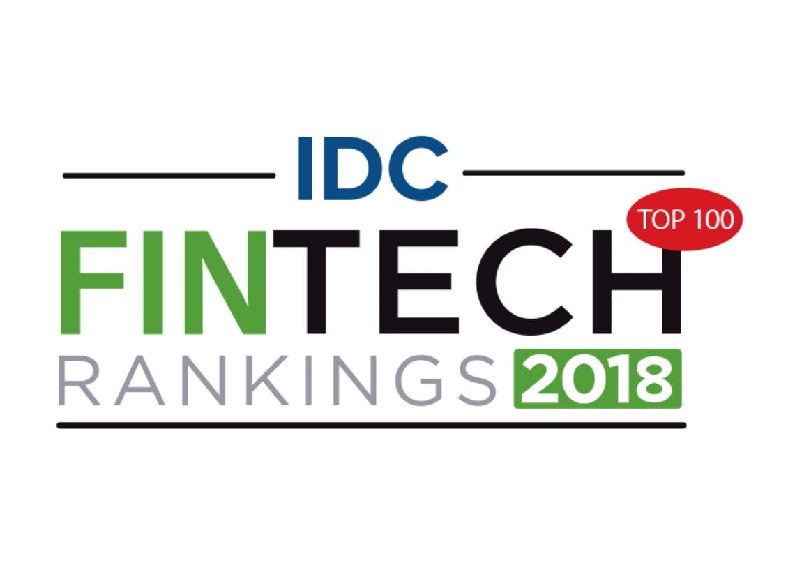 Logotipo da pesquisa IDC FinTech Rankings 2018, destacando as 100 principais empresas de tecnologia financeira do ano, essencial para o setor financeiro.