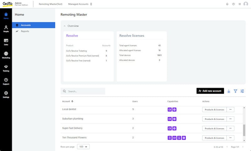 GoTo-Resolve for MSPs user interface screenshot of partner management console: Multi-tenancy admin simplifies management of customer accounts.