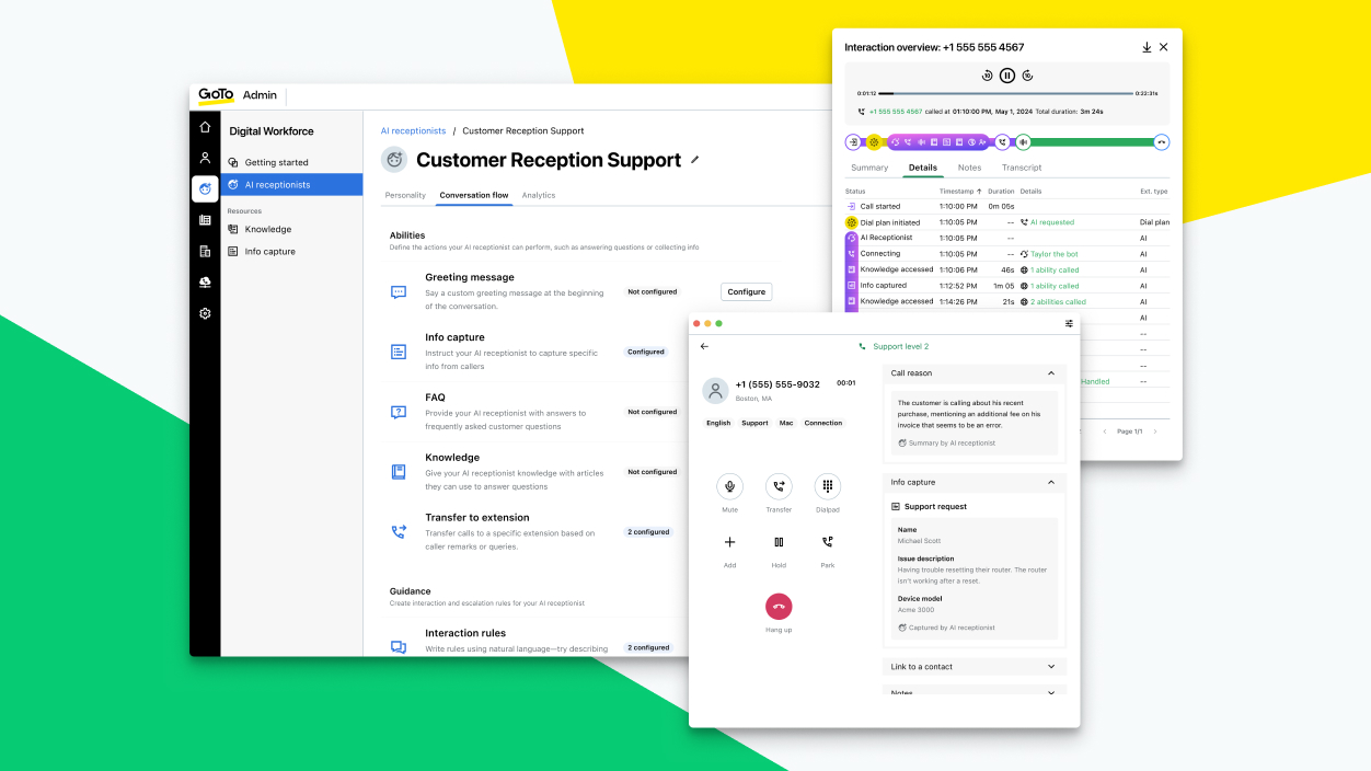 Screen showing GoTo Connect's AI Receptionist dashboard for automating calls and customer service interactions.