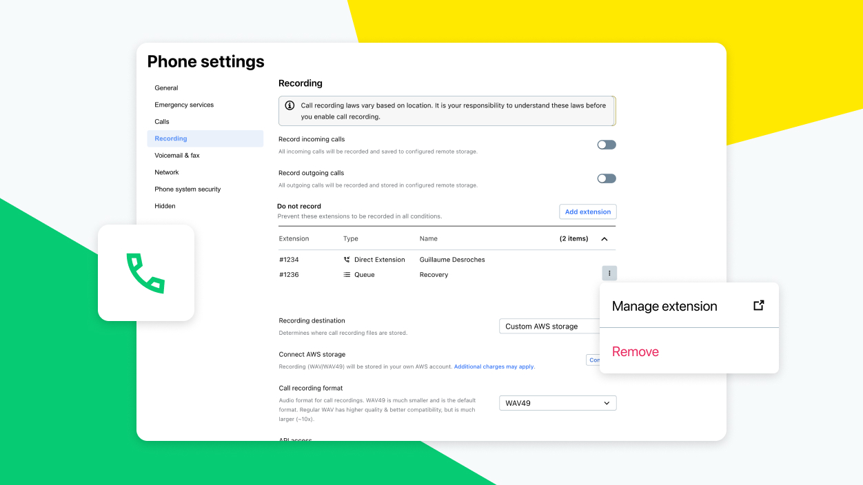 GoTo Connect phone settings page for configuring Never Record List and call privacy options.
