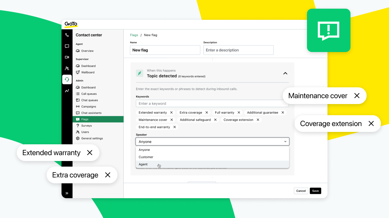 Contact Center screen with AI Topic Flag Detection highlighting speaker insights and flagged phrases.