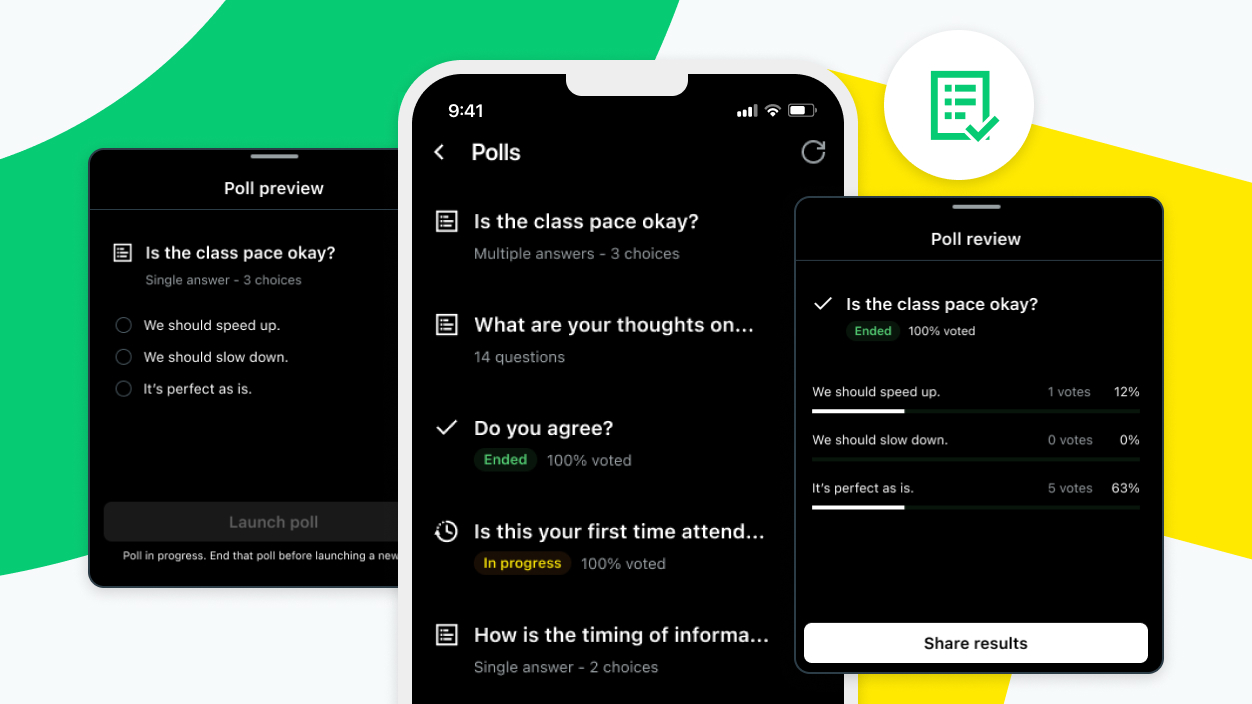 Mobile screens showing GoTo Webinar polling features and options for live event engagement.