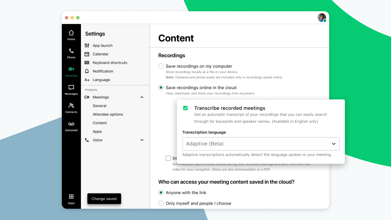 Interfaz de la página de configuración de GoTo Meeting que muestra la función de transcripción multilingüe de reuniones.