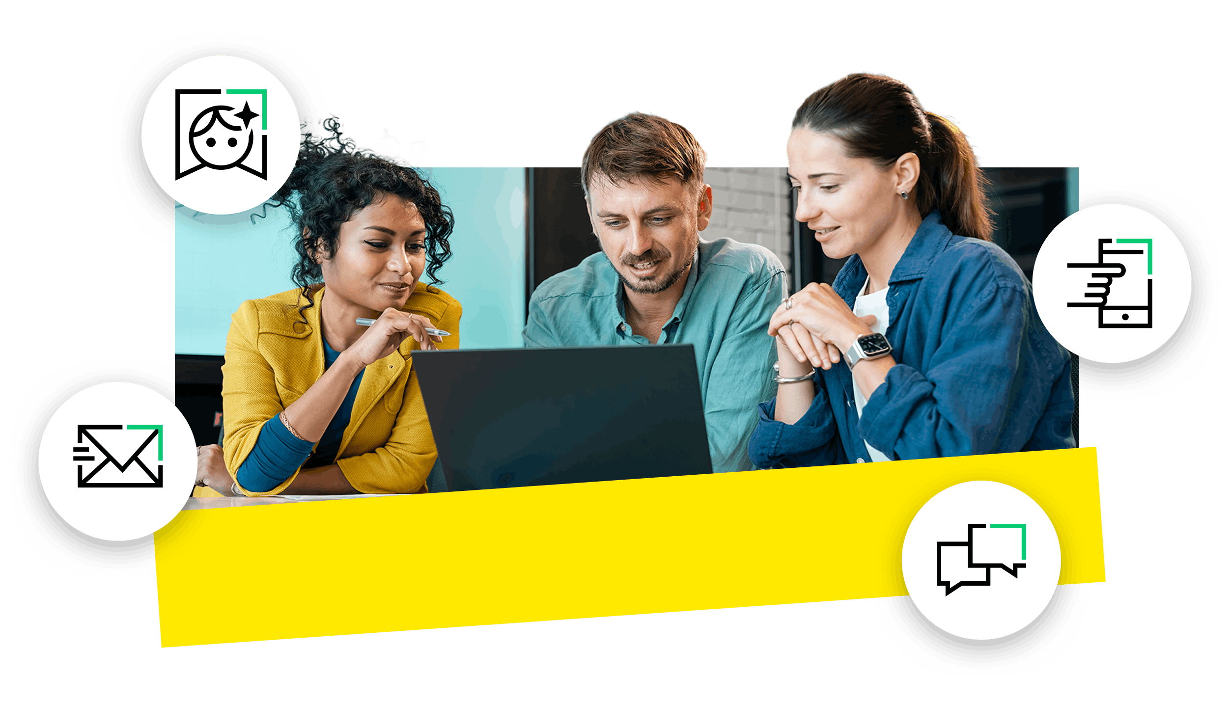 A diverse group of customer support agents smiling and collaborating, alongside introductory about using AI to enhance customer experience