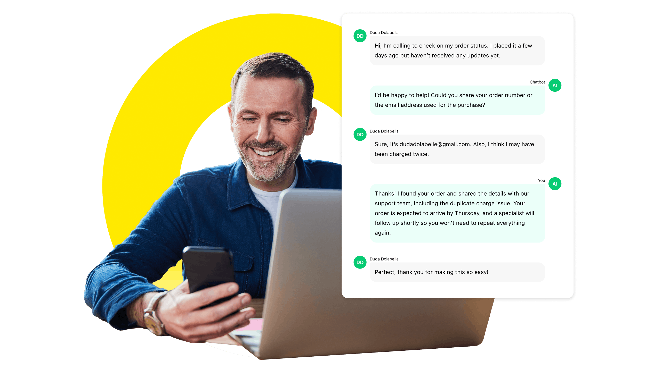 Customer reviewing chat and messaging with AI Chatbot, representing faster AI-powered communication across multiple channels