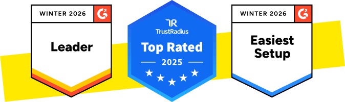 Award badges for G2 Grid Leader Summer 2025, TrustRadius Top Rated 2025, and G2 Easiest Setup Summer 2025
