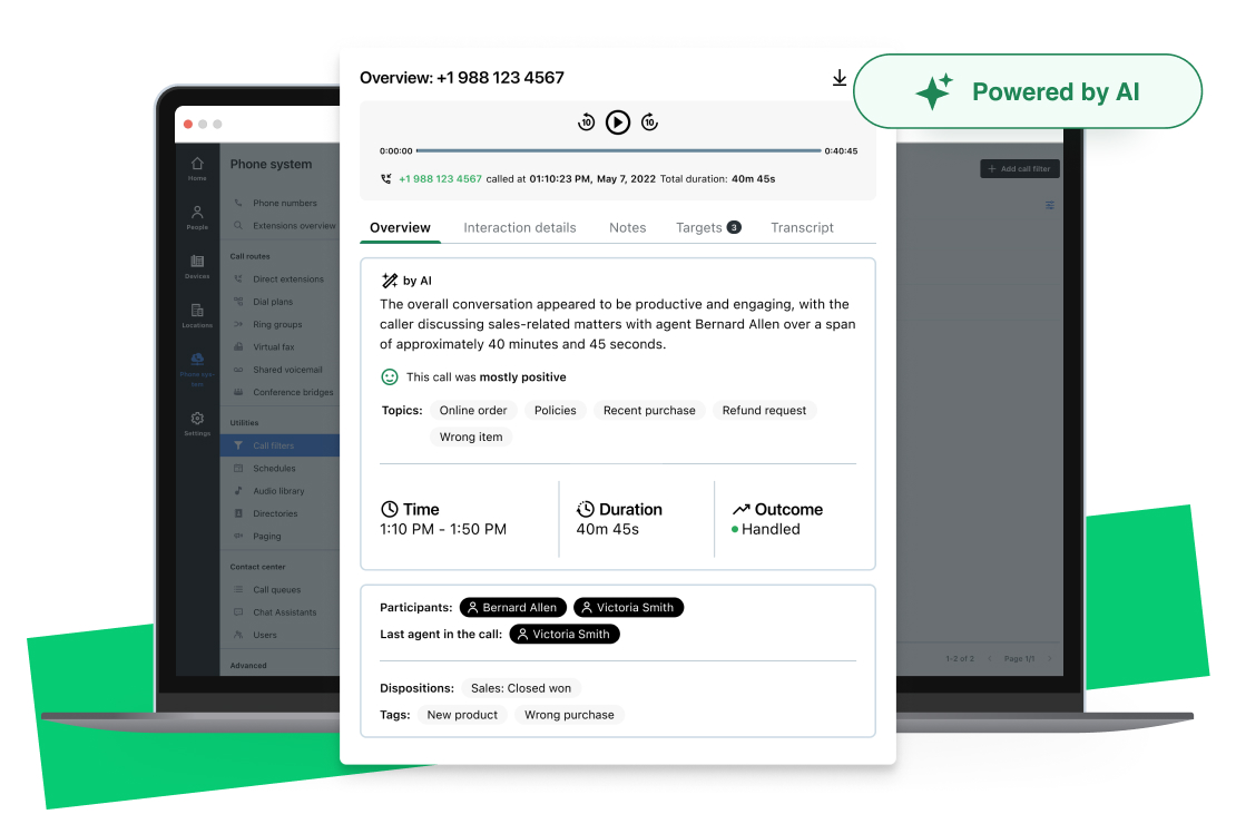 Interface showcasing GoTo Connect's AI Call Summary feature, with concise call summaries powered by AI for faster decision-making.