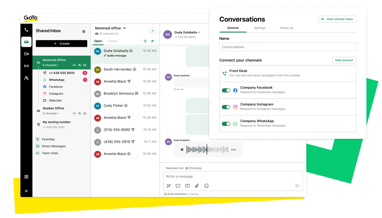 GoTo Connect CX interface showcasing a centralized inbox integrating conversations from phone, web chat, WhatsApp, Facebook, and Instagram.