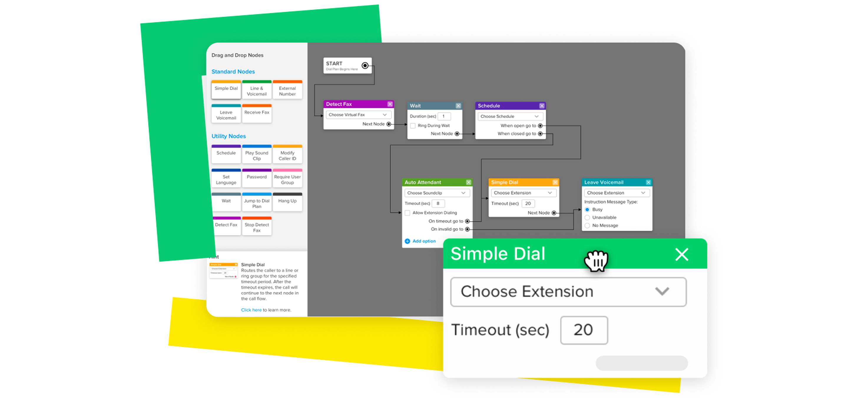 Visual builder interface for creating and updating call flows with drag-and-drop components