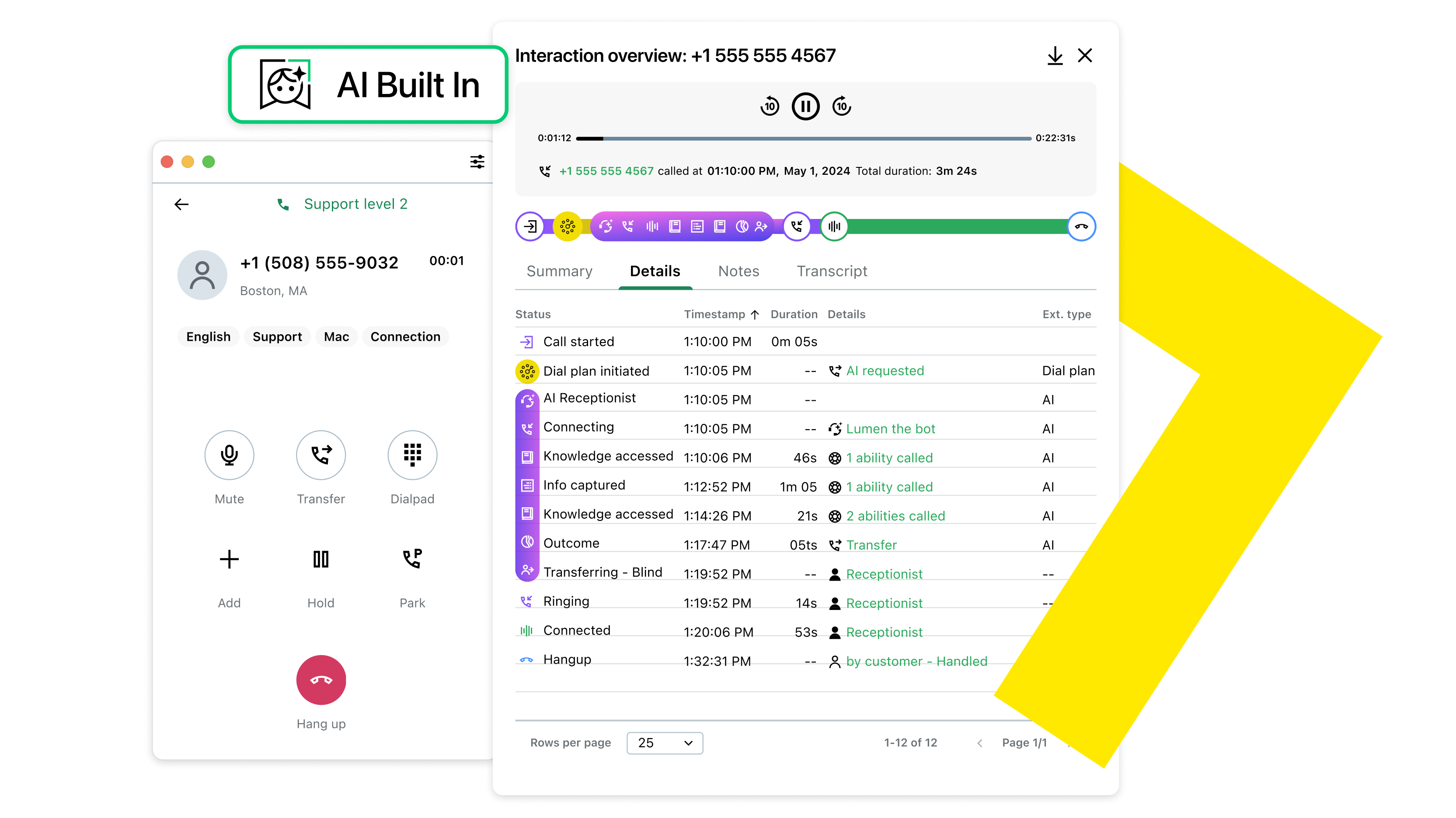 AI-powered call management dashboard displaying conversation summaries, call details, and communication insights to help teams maintain clear and reliable customer interactions.