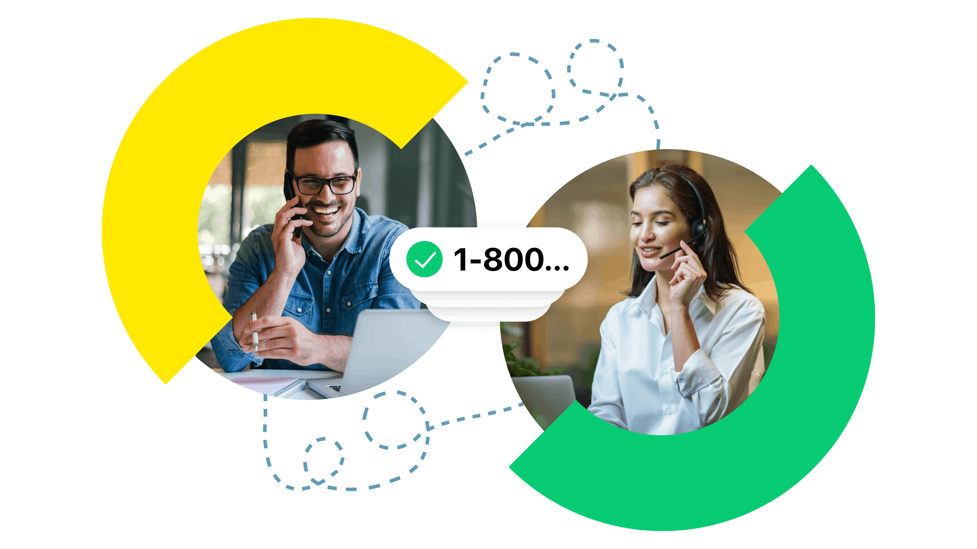 Customer support specialist assisting a user, connected by a support call indicator, representing fast access to knowledgeable in-house support.