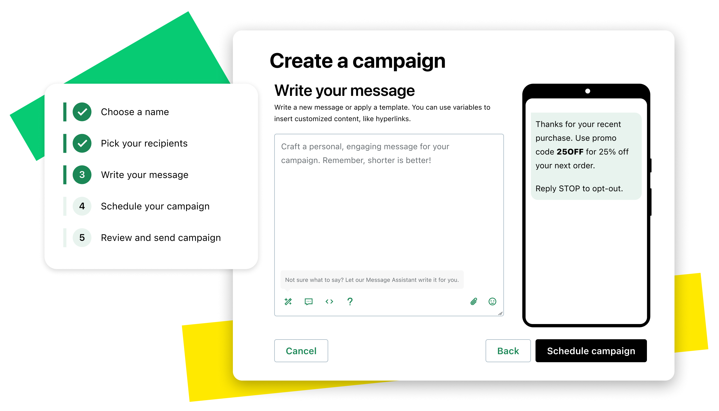 Screen showing SMS campaign creation capabilities with GoTo Connect Customer Engagement