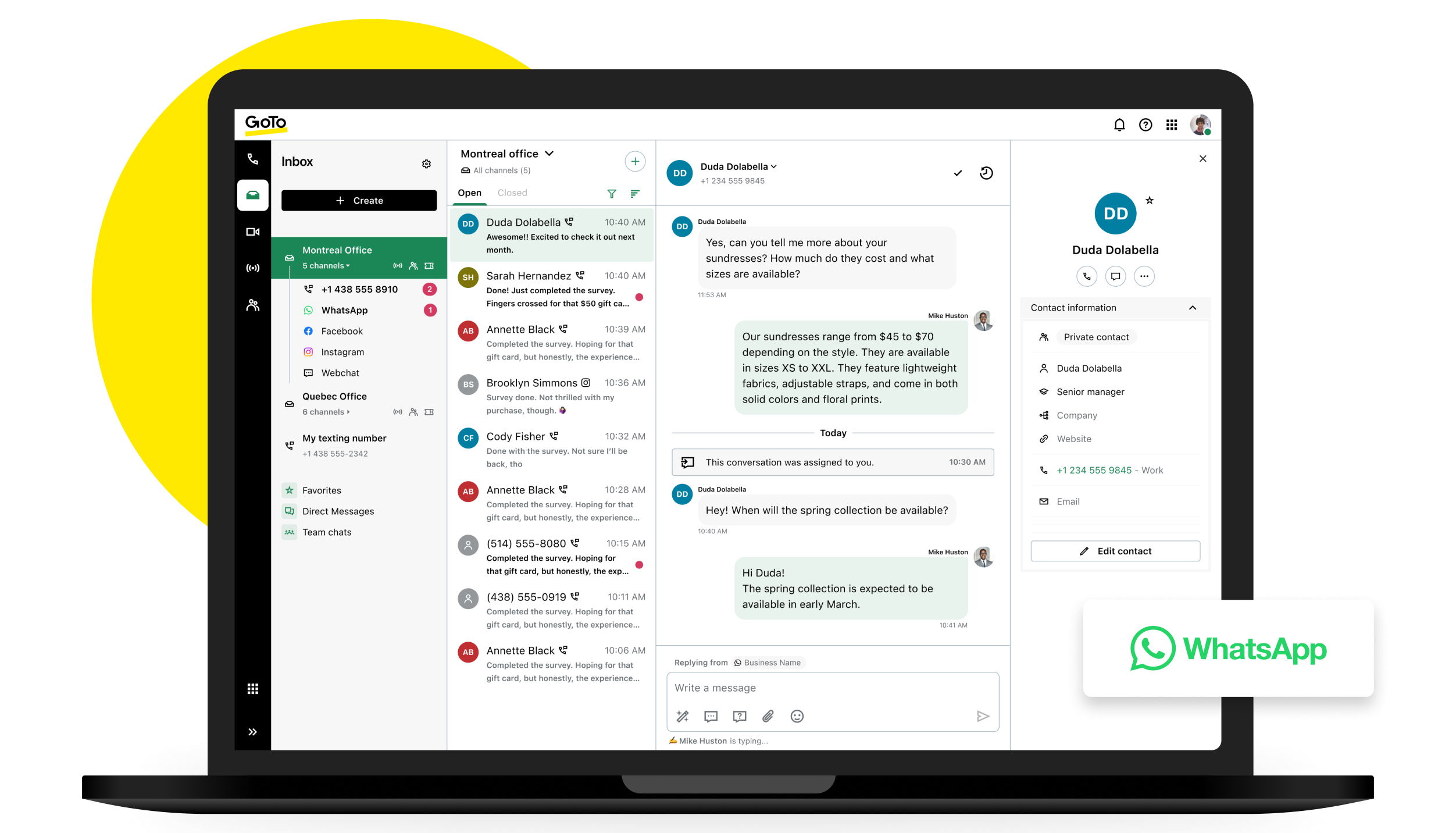Screen showing centralizing customer interactions with WhatsApp platform that allows user to manage their conversation from anywhere and anytime they want