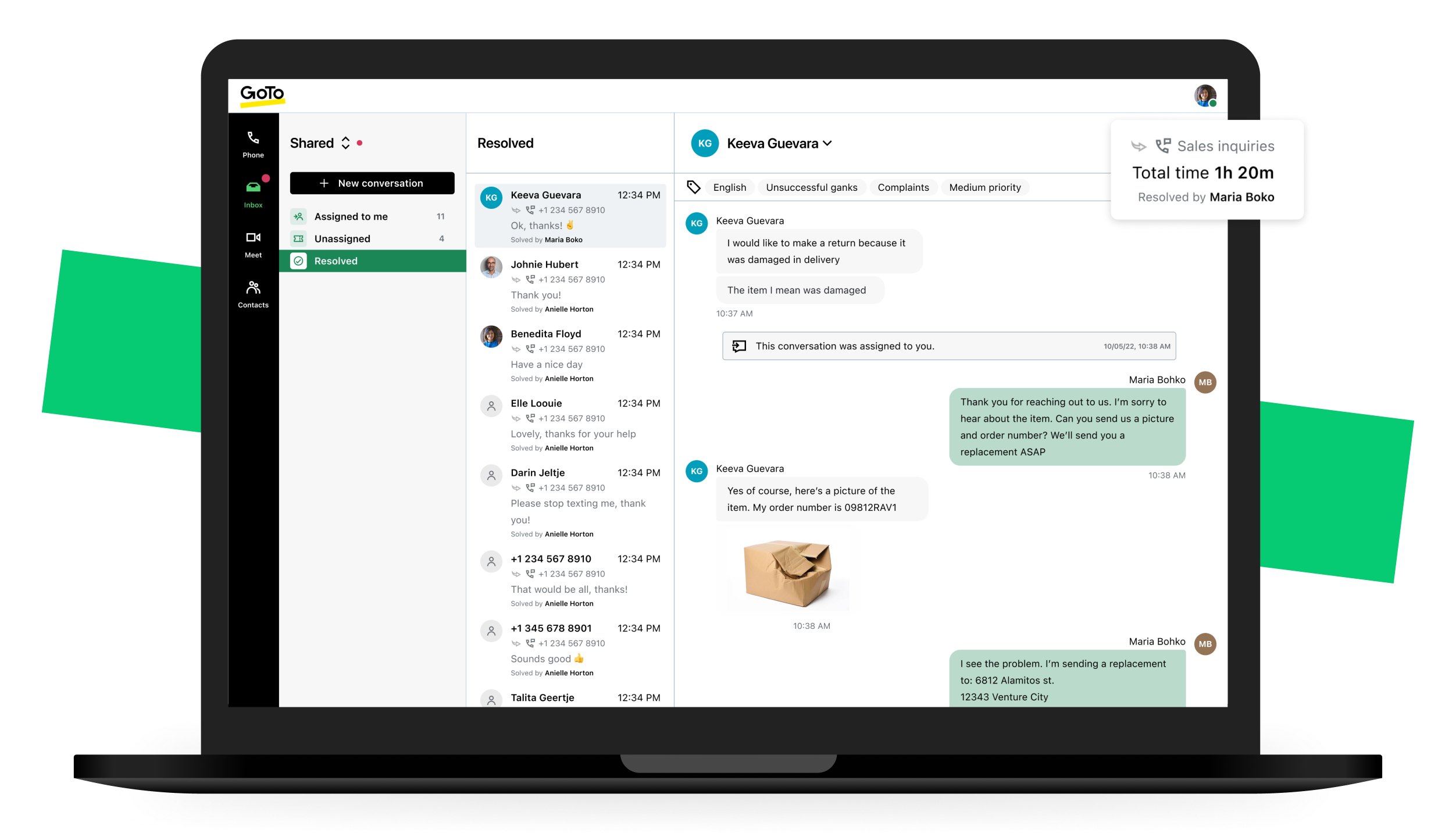 Screen showing GoTo Connect Customer Engagement’s shared inbox highlighting a resolved customer conversation