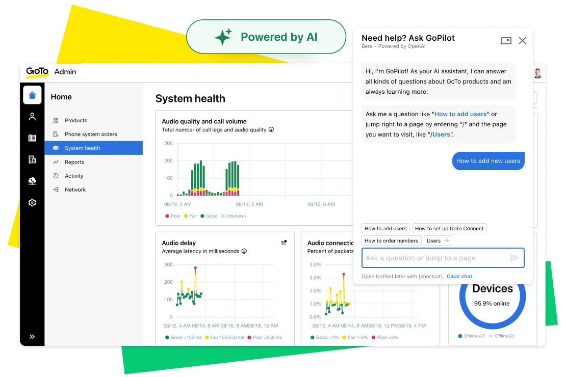 Interface for GoTo Connect's Admin dashboard, with an overlayed GoPilot, powered by AI, chat window for support questions. 
