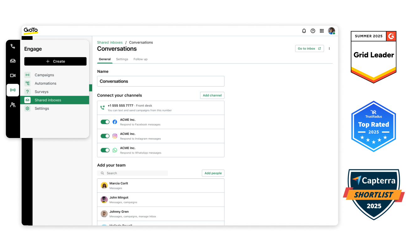 Com o premiado recurso de caixas de entrada compartilhadas do GoTo Connect, localizado na página "Conversas", é possível conectar canais, como SMS e redes sociais, e adicionar integrantes da equipe.