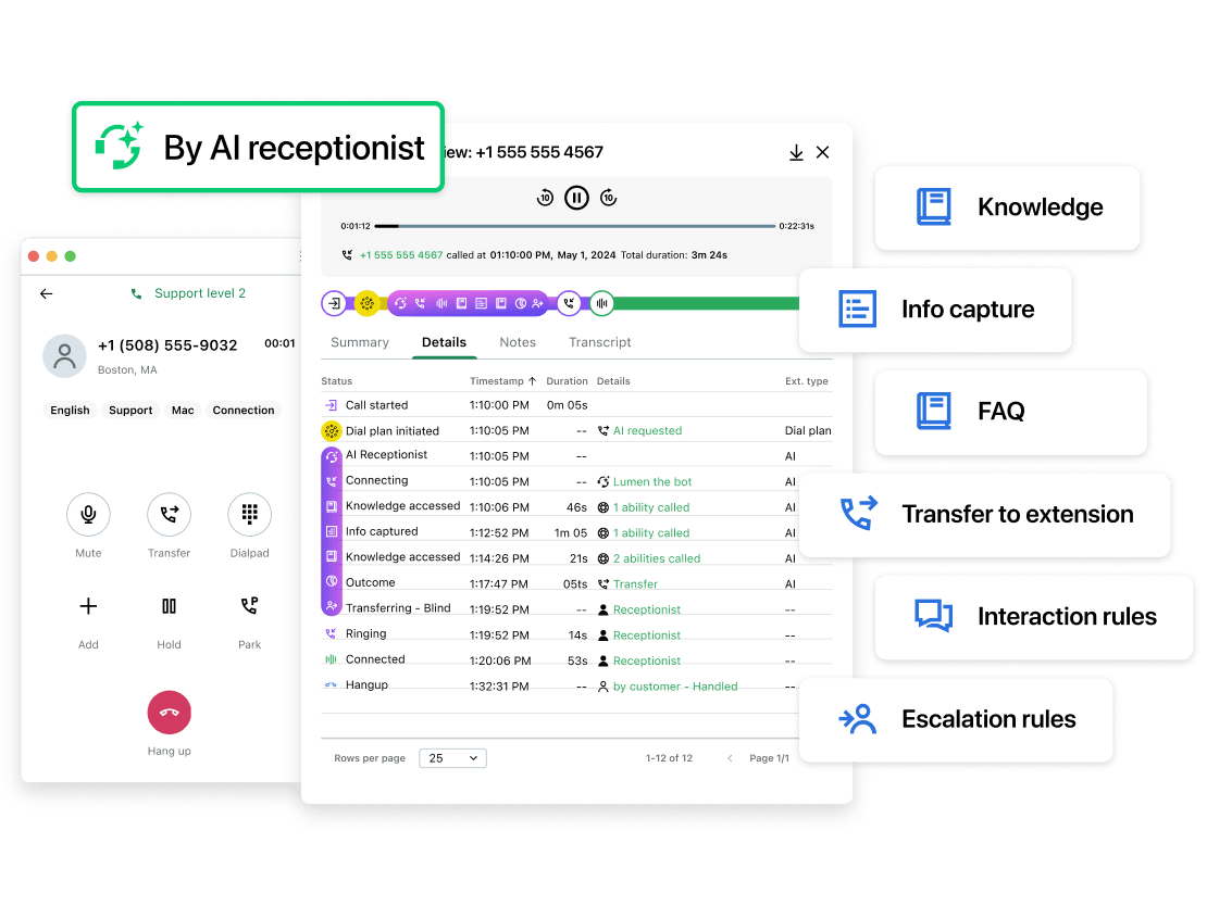 AI Receptionist interface displaying call details, knowledge accessed, and info captured. Highlights real-time insights and seamless call handling to ensure no inquiry goes unanswered.