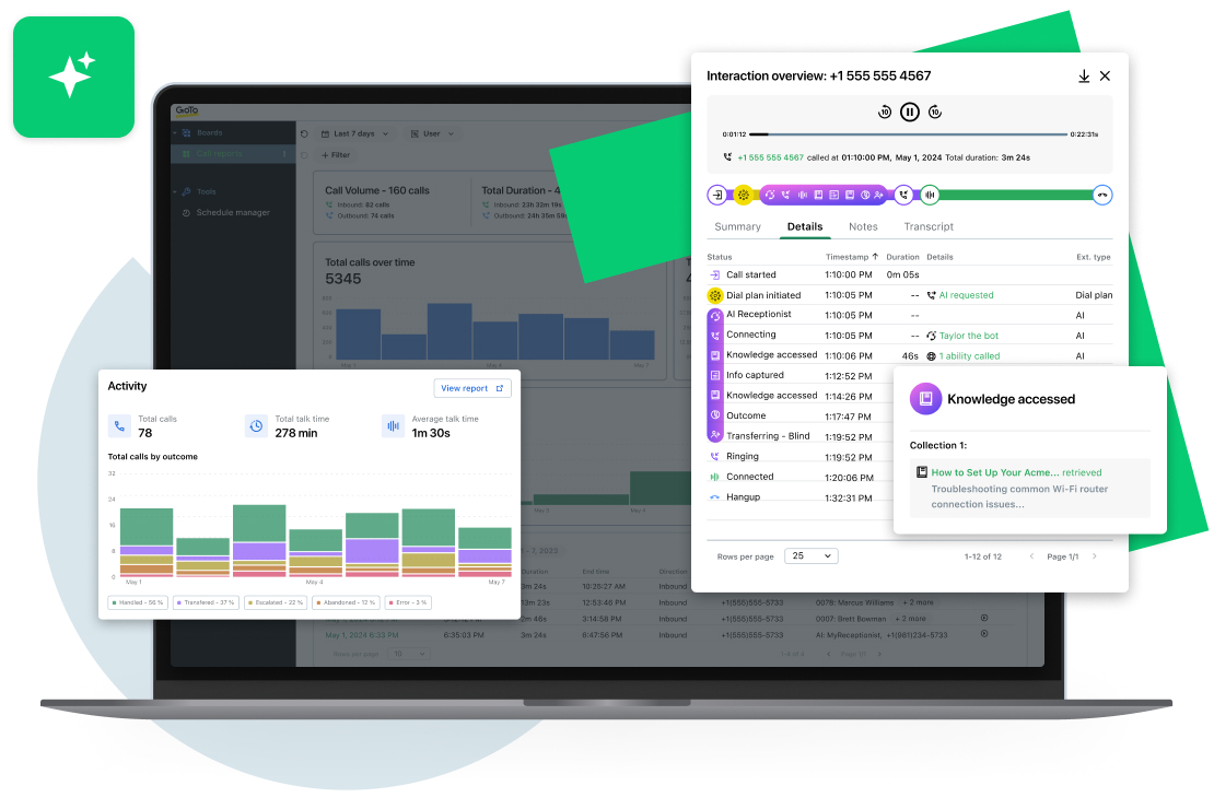 Illustration showcasing AI Receptionist features, including call reports, a pop-up window menu selection, an activity dashboard for Virtual Receptionists, and tools for delivering observable customer service.