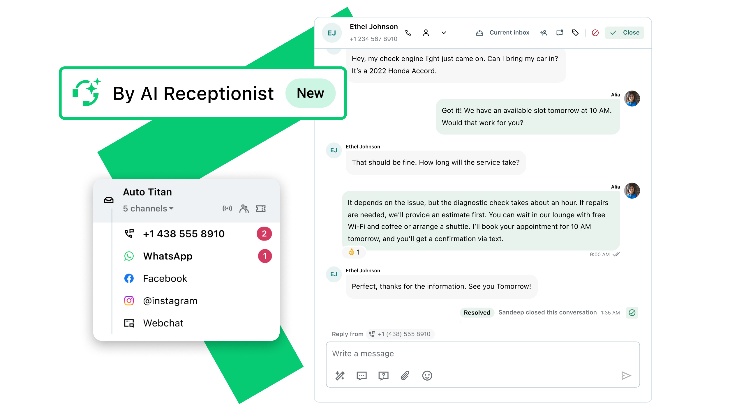 Chat interface displaying an agent and client conversation, integrated with multiple communication channels, including WhatsApp, social, SMS, and web chat.