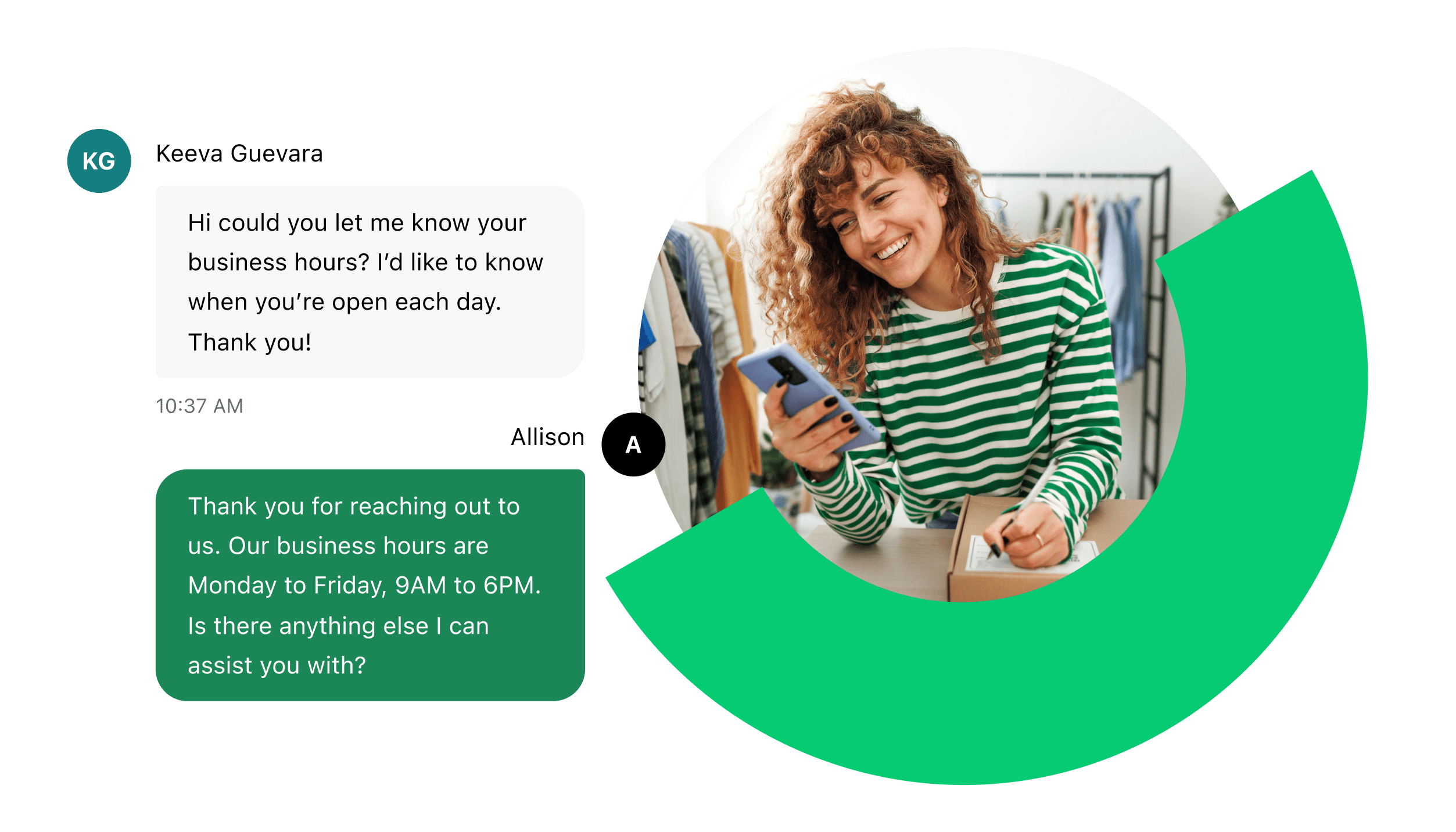 A business worker smiling while holding a mobile and using GoTo Connect, Business SMS messaging to interact with customers.