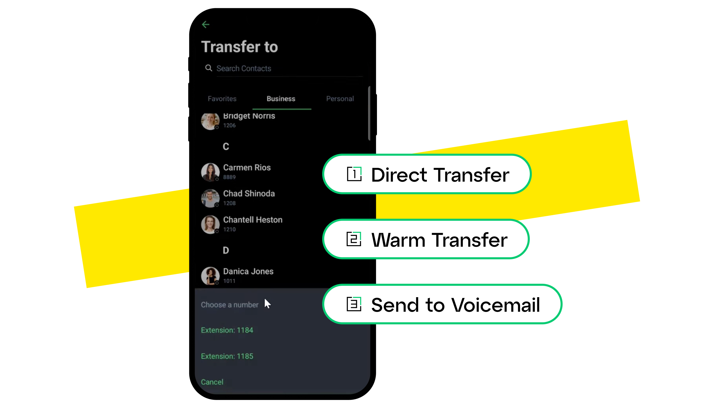 Smartphone screen showing GoTo Connect call transfer options including Direct Transfer, Warm Transfer, and Send to Voicemail for seamless call handoffs when they choose who to transfer the call to.