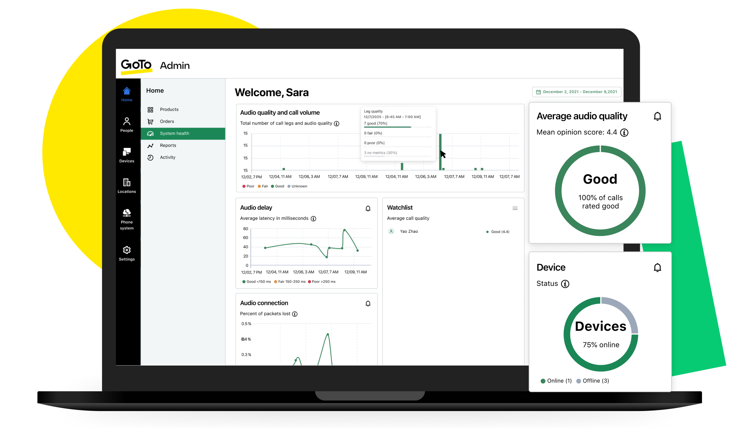GoTo Admin dashboard interface on a laptop showing business communication tools with analytics, call management, and performance insights.