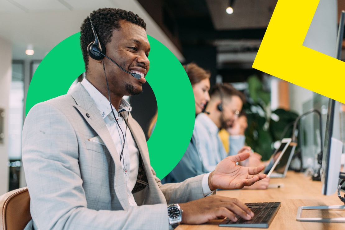 A customer service representative with a headset, interacting with a customer using synced CRM data.