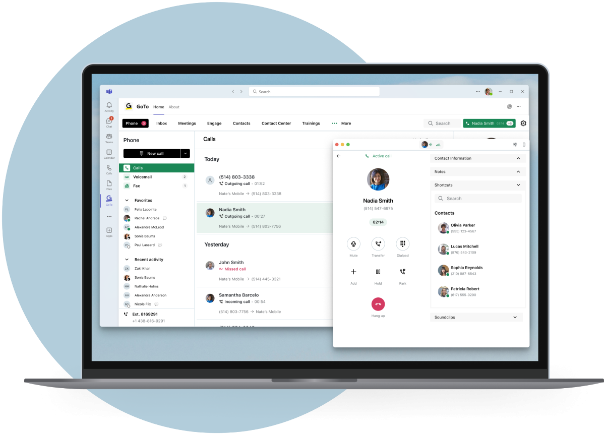 Screens showing GoTo Connect integrated into the Microsoft Teams app with call handling.