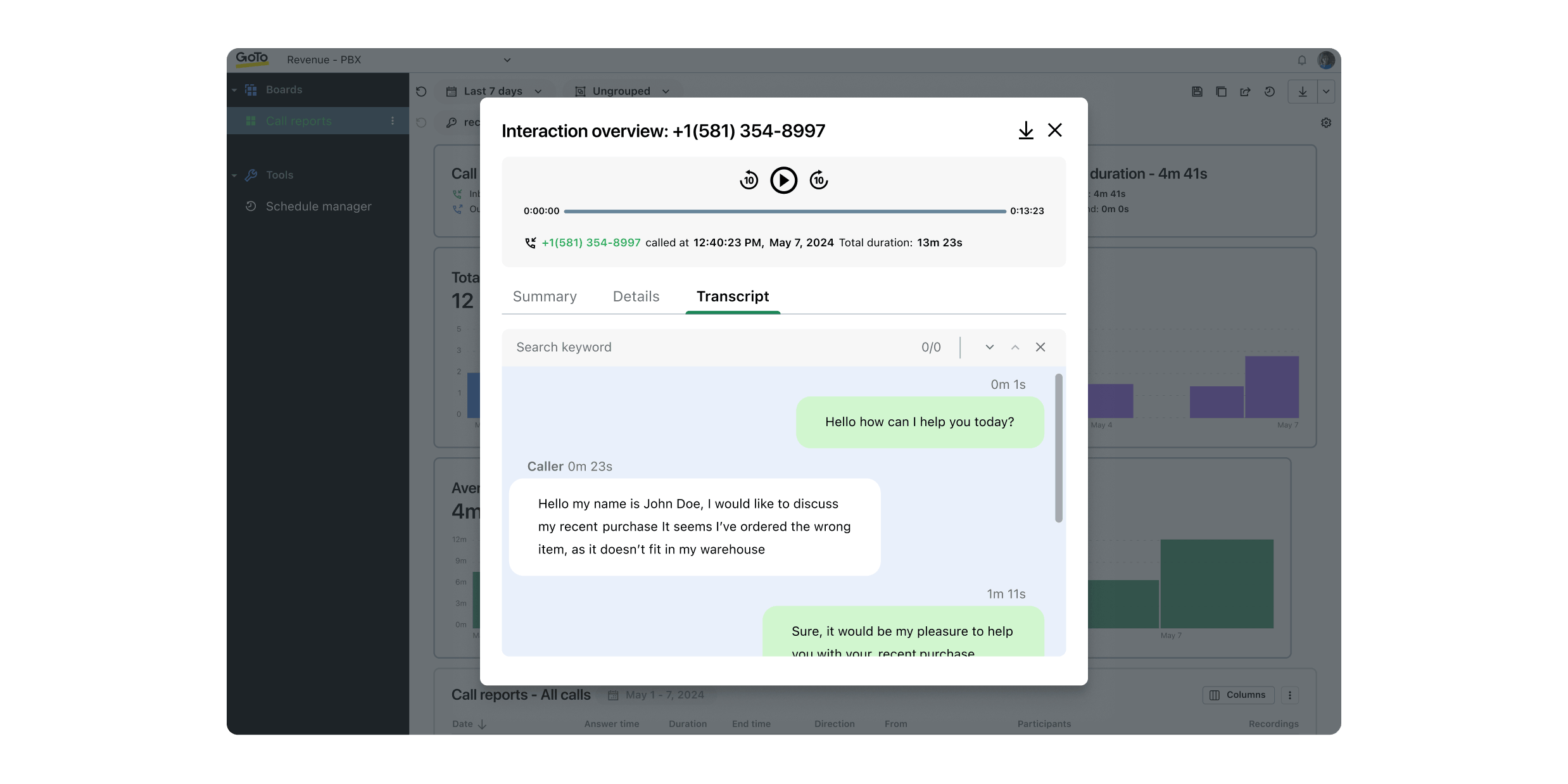 AI call analytics in GoTo Connect, a call transcript in the interaction overview.