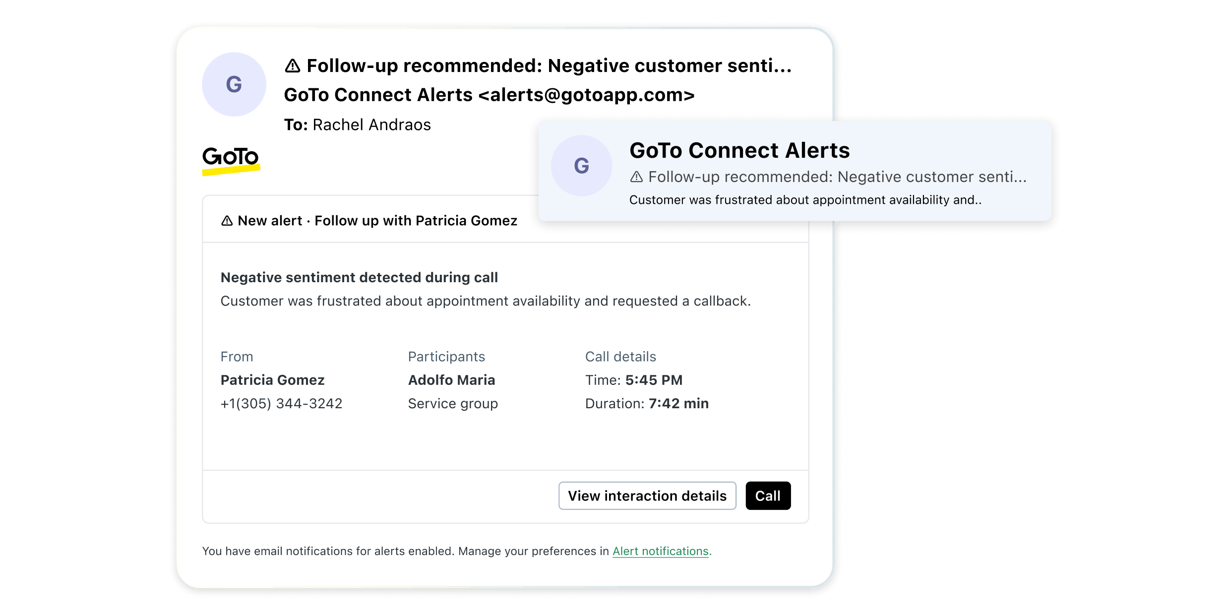 AI call analytics email alert from GoTo Connect recommending a follow-up.