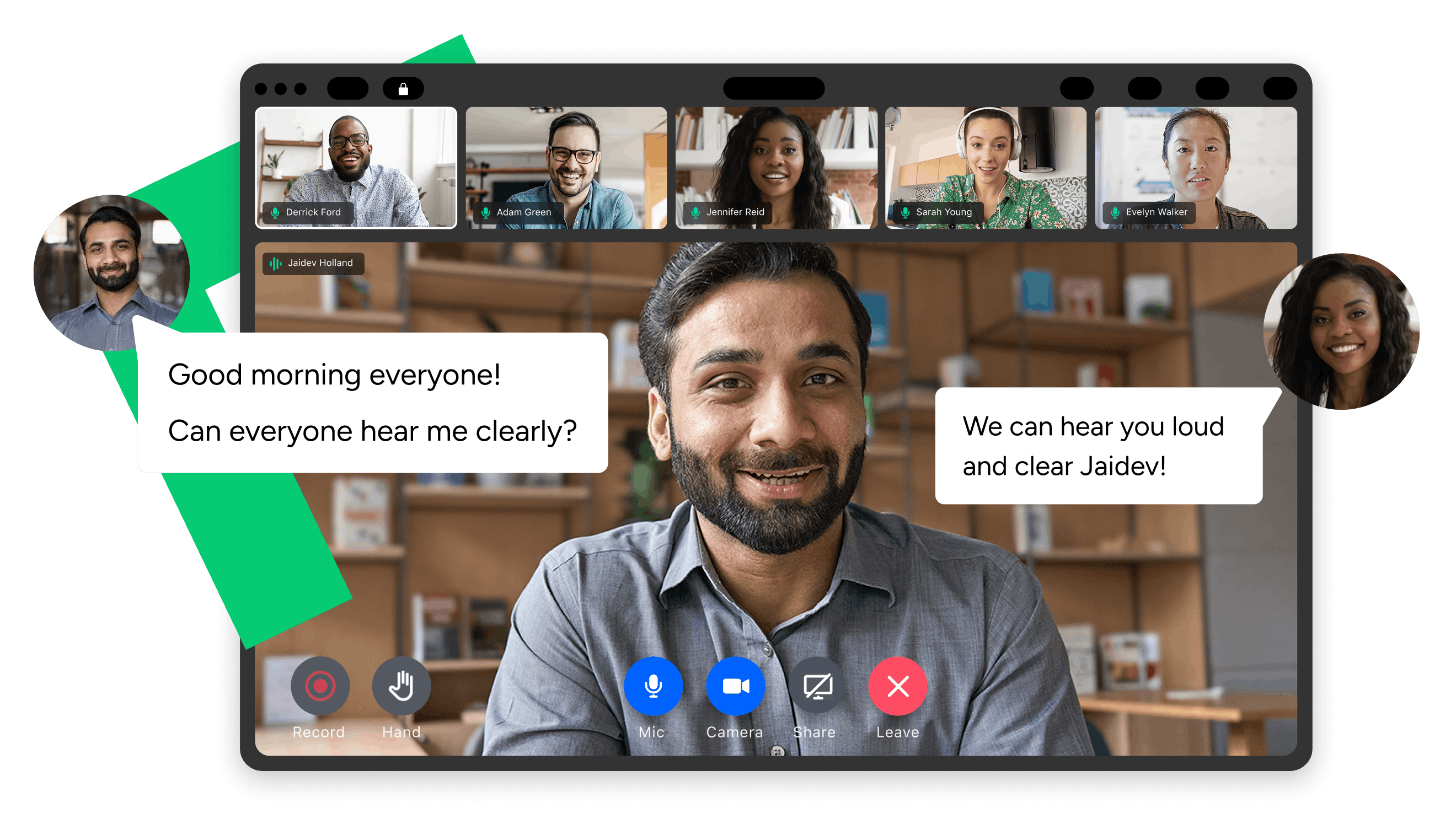 Business professional hosting a conference call with remote participants in a video meeting.