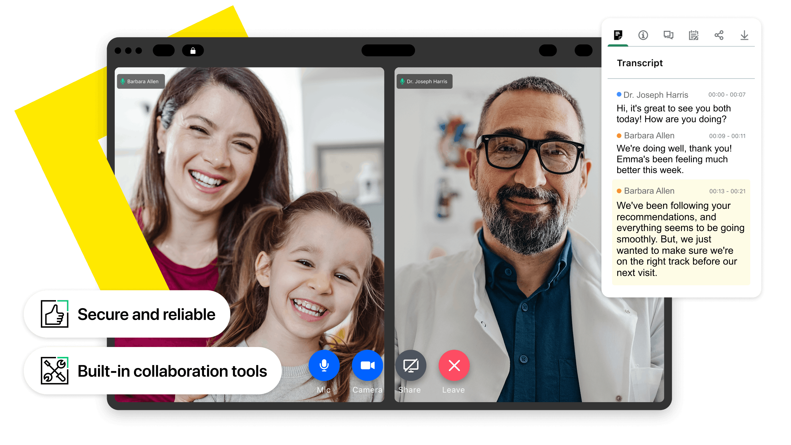 Doctor, patient, and caregiver in a secure video consultation displayed on a laptop screen.