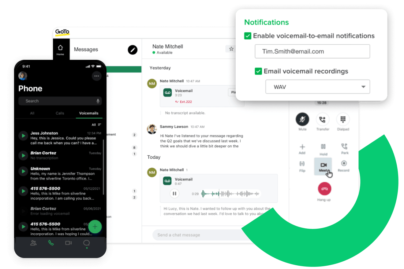 Collage of GoTo Connect voicemail inbox on computer and mobile interfaces.