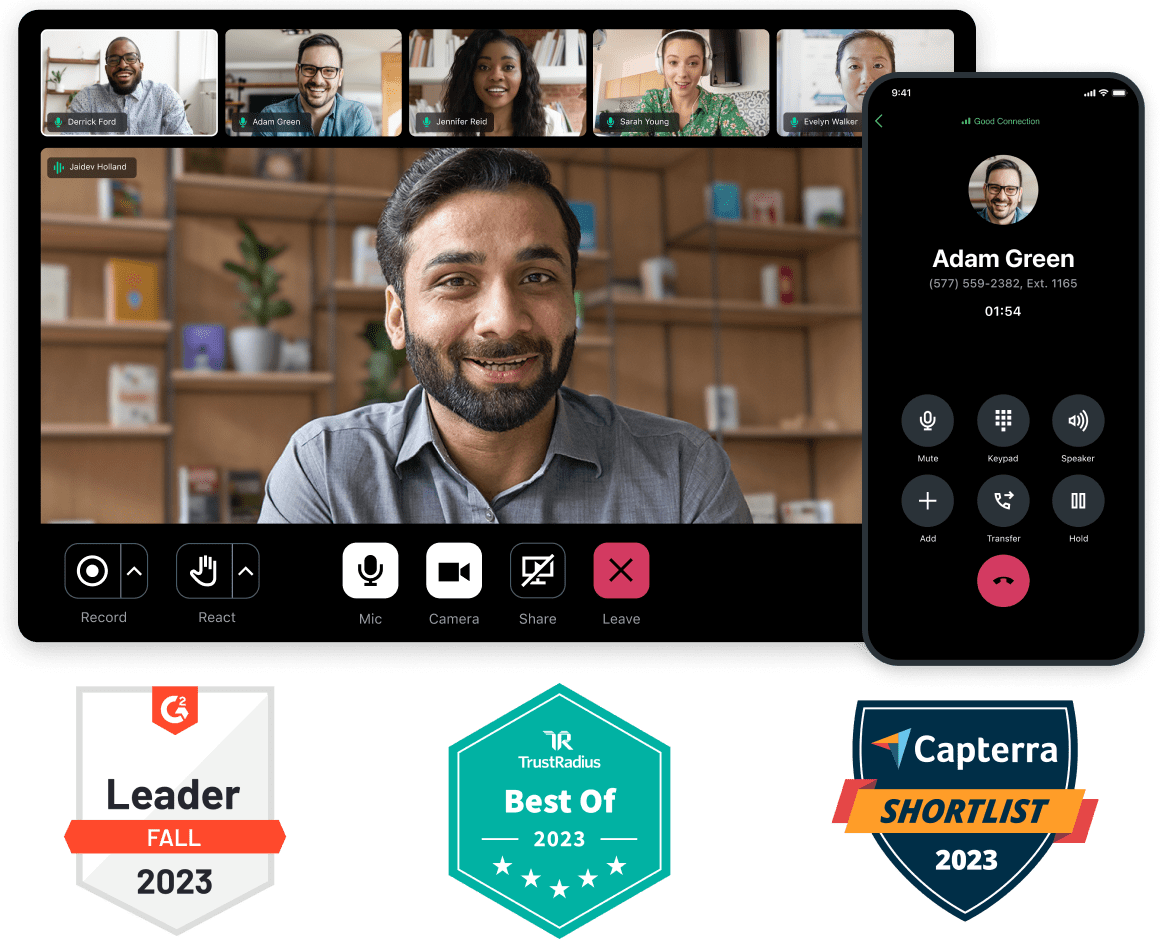 Imagen que muestra un sistema de telefonía y una videoconferencia de GoTo Connects. Insignias para G2 Leader Fall 2023, TrustRadius Best of 2023 y Capterra Shortlist 2023.