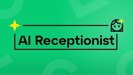 Black text on green background that reads Meet AI Receptionist, Learn more on pricing.