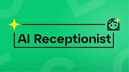 Black text on green background that reads Meet AI Receptionist, Learn more on pricing.
