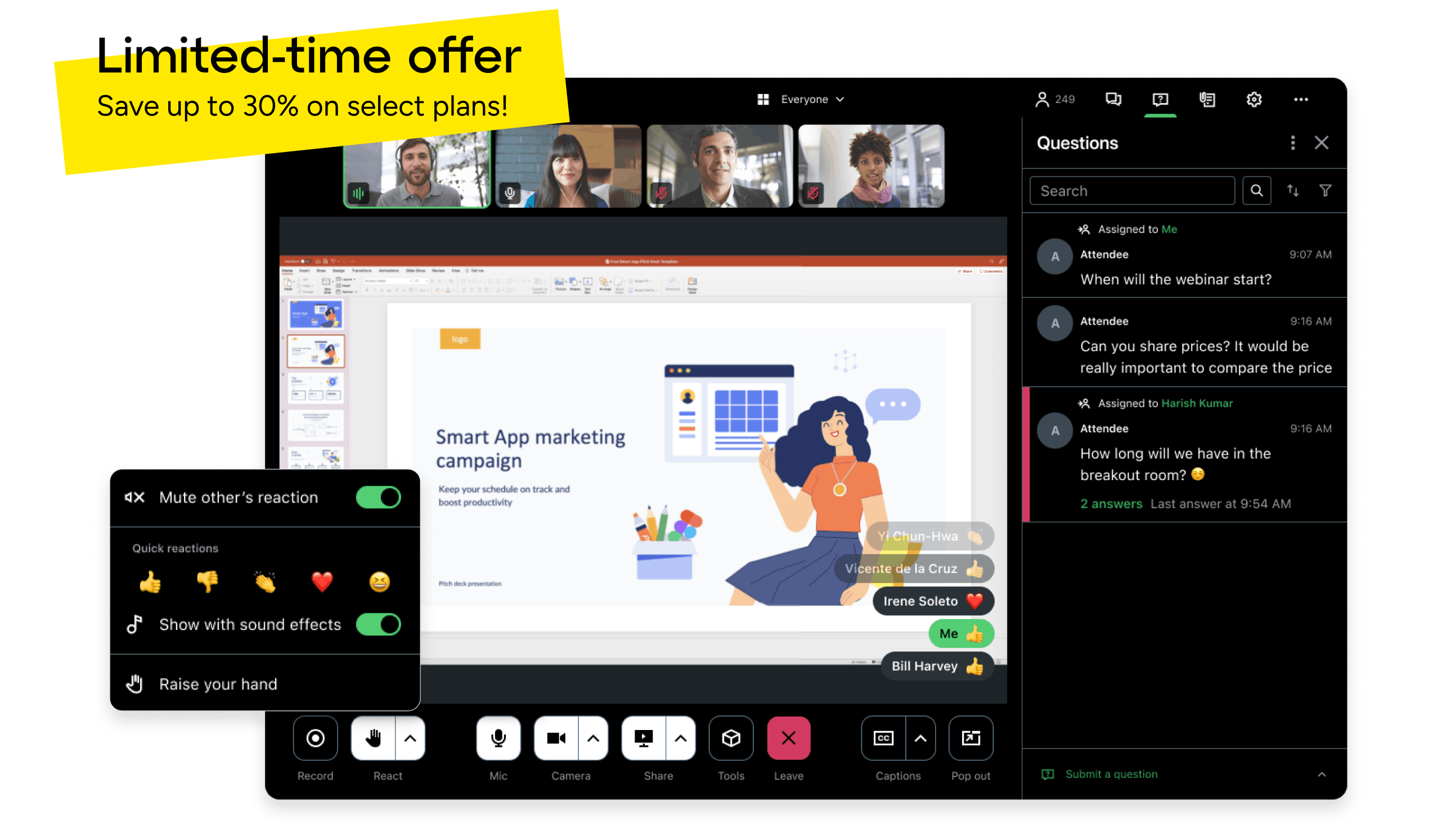 GoTo Webinar interface including participant video thumbnails, live chat questions, and interactive reactions.