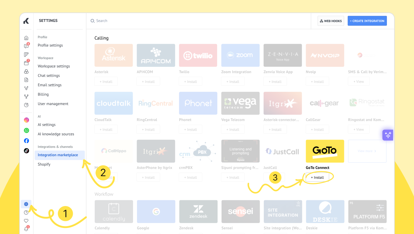 Settings, Integration marketplace, Install GoTo Connect