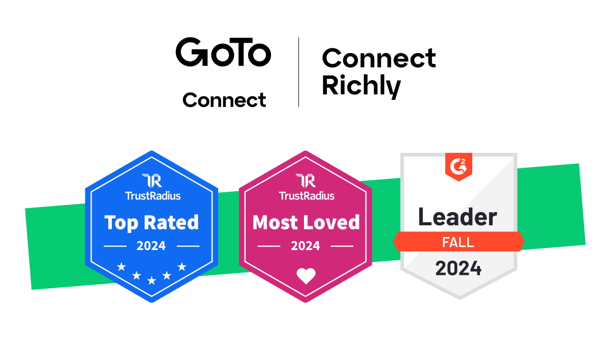 GoTo Connect|Connect Richly logo, TrustRadius Top Rated 2024 badge, TrustRadius Most Loved 2024 badge, G2 Leader Fall 2024 badge.