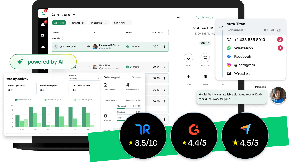 GoTo Connect interface powered by AI displaying unified communication channels, including phone system, WhatsApp, Facebook, Instagram, and webchat, with contact center and customer experience (CX) features for business; rated 8.5/10 on TrustRadius, 4.4/5 on G2, and 4.5/5 on Capterra.