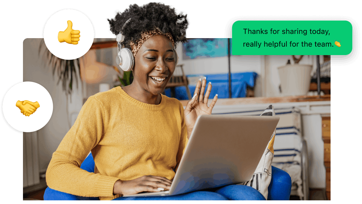 Person with headphones using a laptop, engaging in a video call using a business phone system, with positive icons and feedback message displayed.