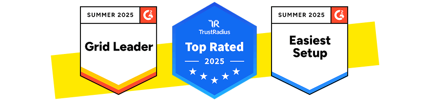 Award badges for G2 Grid Leader Summer 2025, TrustRadius Top Rated 2025, and G2 Easiest Setup Summer 2025