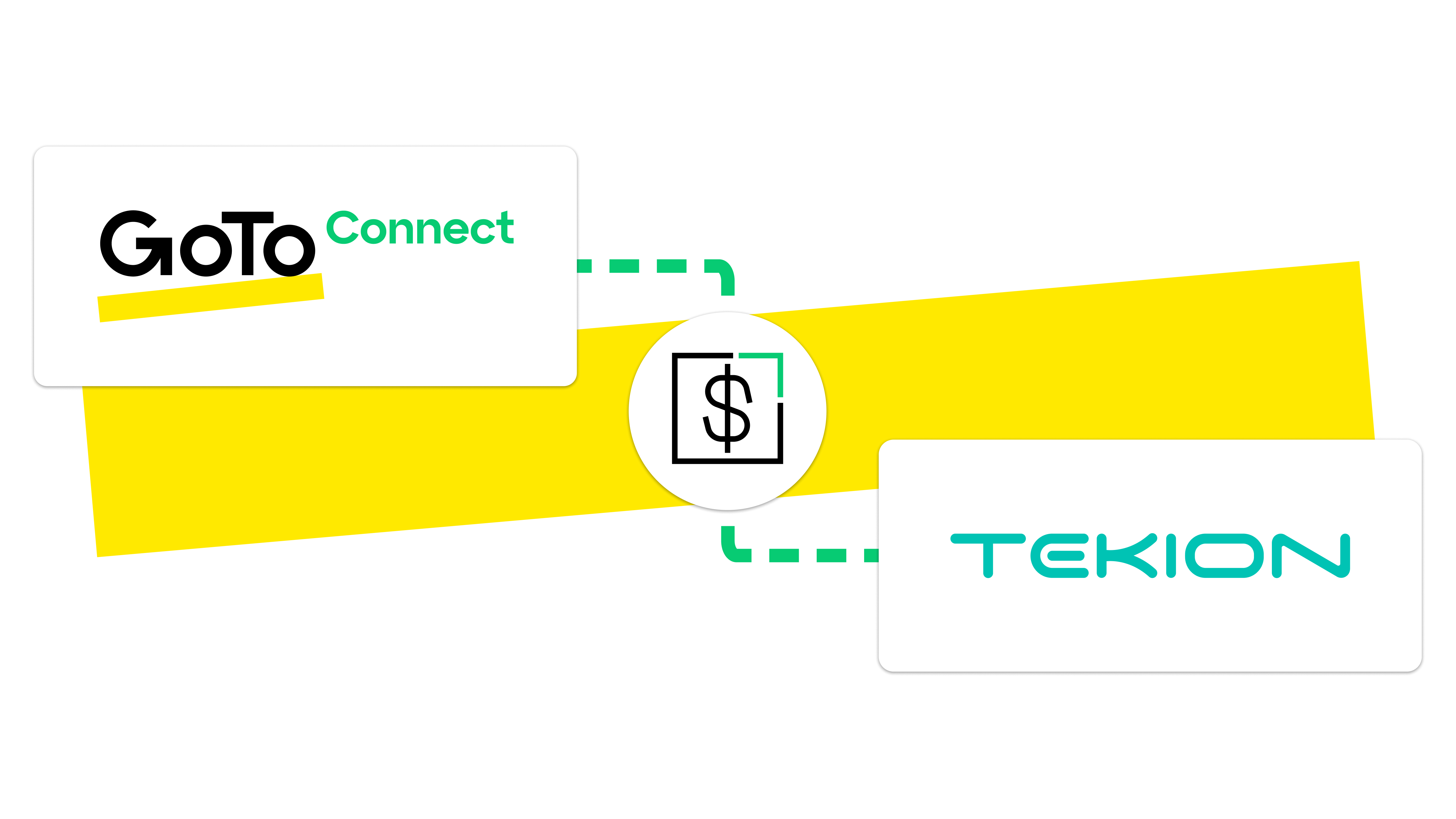Illustration of GoTo Connect and Tekion integration with a dollar sign icon, representing automotive business communication and trade-in value