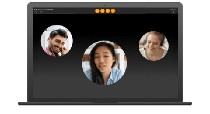 Image du logo du produit join.me. Plus bas, une équipe utilise join.me pour se réunir.